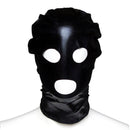 Black BDSM mask with open eye and mouth holes, featuring a shiny latex finish.