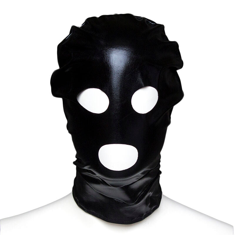 Black BDSM mask with open eye and mouth holes, featuring a shiny latex finish.