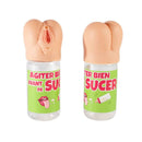 Humorous novelty drinking bottles with suggestive tops and playful French text labels.