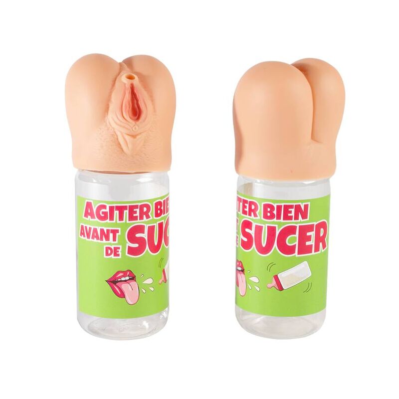 Humorous novelty drinking bottles with suggestive tops and playful French text labels.