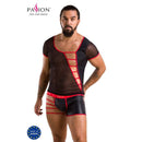 Stylish men's mesh lingerie set with red accents from Passion, featuring sheer panels and a unique cut. Made in Europe.