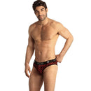 Man wearing red patterned men's briefs with black waistband.
