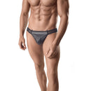 Men's black mesh thong with decorative waistband, front view showcasing design and fit.