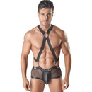 Man wearing a stylish men's harness with mesh shorts, ideal for fashion-forward individuals.