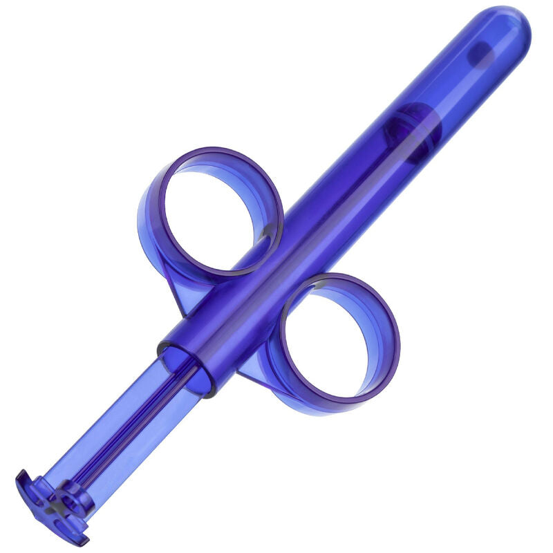 Transparent blue lubricant dispenser syringe with easy-grip handles, ideal for precise application and control.