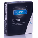 Pasante Extra condoms packaging, featuring extra thickness and lubrication for enhanced pleasure, three-count box.