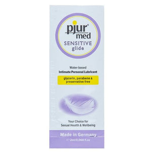 PJUR MED Sensitive Glide water-based lubricant, 2 ml, glycerin and paraben-free, for sensitive skin.