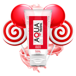 AQUA TRAVEL Lollipop Flavour Waterbased Lubricant 50ml tube with colorful lollipops in the background.