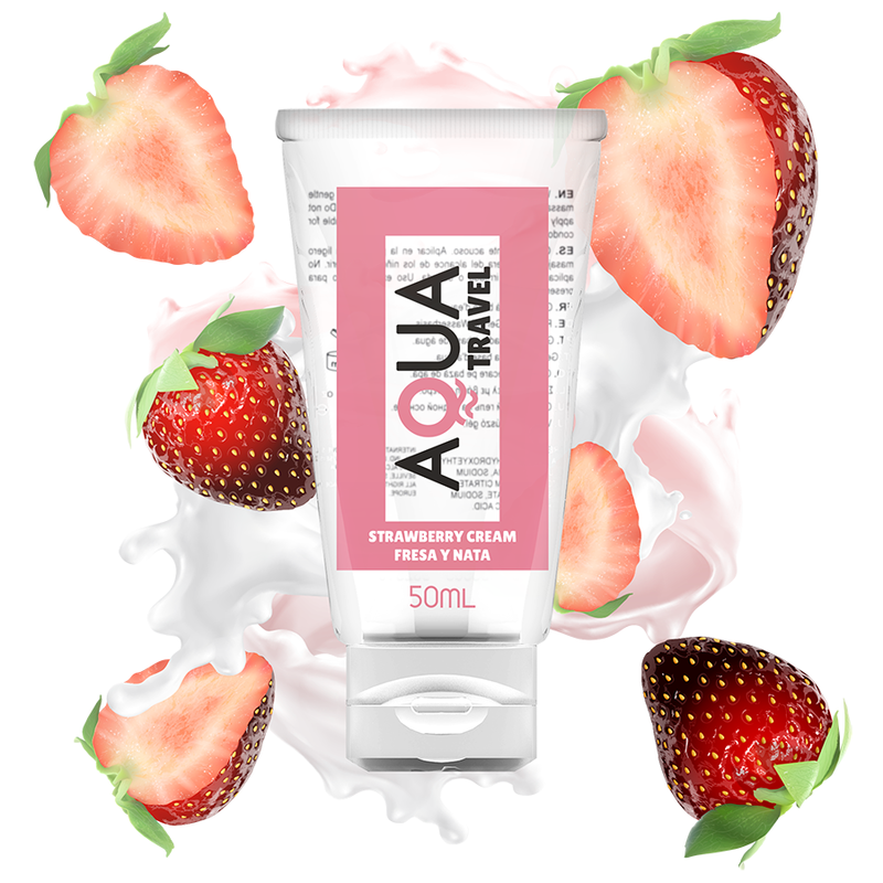 AQUA TRAVEL Strawberry Cream water-based lubricant 50ml with strawberry slices and cream splash background
