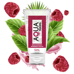 Aqua Travel Wild Raspberry Flavour 50ml Water-Based Lubricant with raspberries and leaves background, perfect for travel.