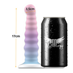 MYTHOLOGY Arian Nayade dildo with fantasy colors next to a branded can for size comparison, 17cm length 3.5cm diameter
