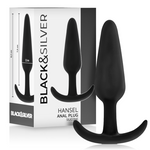 Black&Silver Hansel silicone anal plug with small handle, ideal for beginners and experts in anal play, shown with packaging.