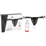 INTT Brazilian black panty with pearls and strawberry lubricant gel pack, featuring sensual lace lingerie and stimulating pearls.