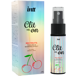 INTT Clit Me On Red Fruits klitoria herättävä spray pistelyllä, lämmittävällä vaikutuksella, 12 ml pullo ja pakkaus.