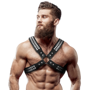 FETISH SUBMISSIVE ATTITUDE - MEN'S CROSSED CHEST ECO-LEATHER HARNESS WITH RIVETS FETISH SUBMISSIVE ATTITUDE
