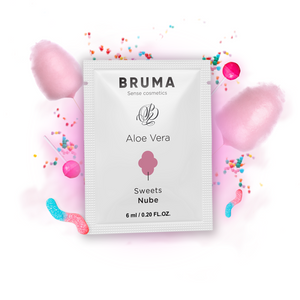 BRUMA Aloe Vera Sliding Gel, Sweets Flavor, 6 ml packaging with cotton candy background.