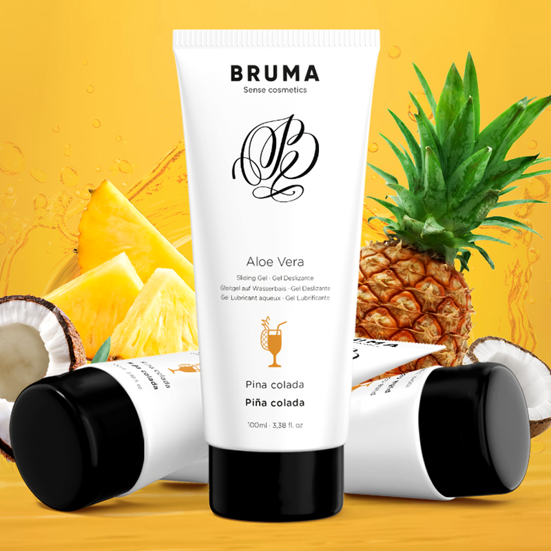 BRUMA Aloe Vera Gel Pina Colada Flavor 100ml with tropical fruits in background for intimate moments.
