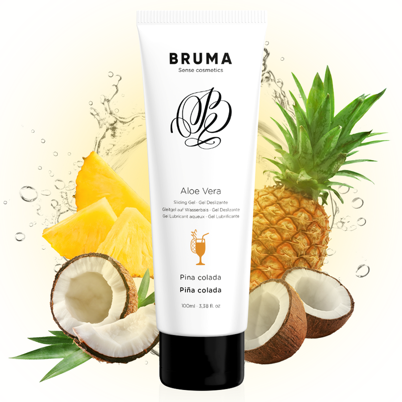BRUMA Aloe Vera Sliding Gel Piña Colada Flavor 100ml with pineapple and coconut background.
