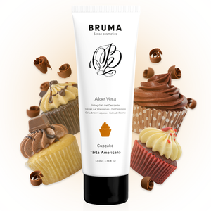 BRUMA Aloe Vera Sliding Gel Cupcake Flavor 100 ml putki kuppikakkuilla taustalla, aistillinen voitelutuote.