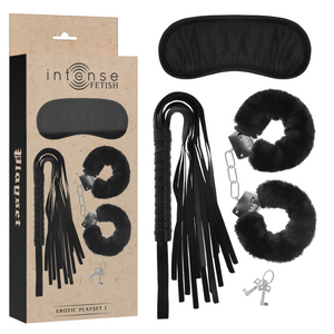 INTENSE - FETISH EROTIC PLAYSET 1 WITH HANDCUFFS, BLIND MASK AND FLOGGER INTENSE FETISH