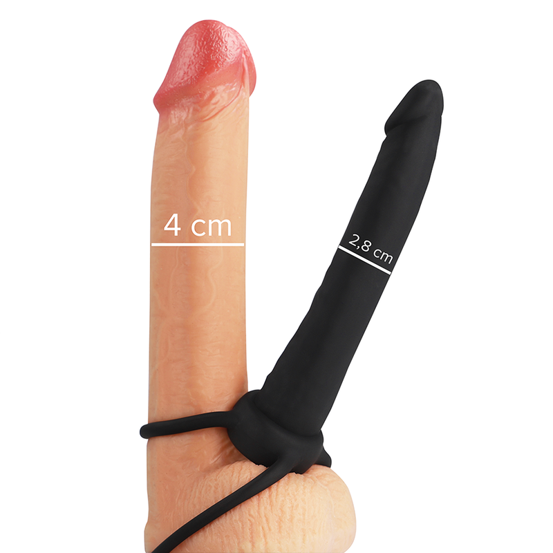 MYTHOLOGY Cobi-Onyx black silicone anal dildo with cock and testicle ring, highlighting ergonomic design and measurements.