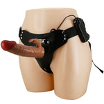 Universal briefs harness with brown vibrating dildo and adjustable straps for comfort and fit.