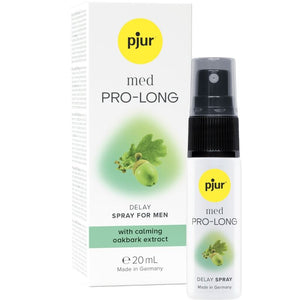 Pjur Med Pro-Long Retardant Spray 20 ml à l'extrait d'écorce de chêne calmant pour homme, dans son emballage.