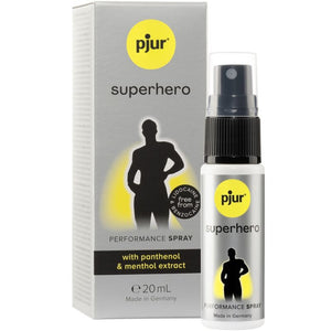 PJUR Superhero Performance Spray 20 ml avec emballage, conçu pour prolonger le plaisir et retarder l'éjaculation chez l'homme.
