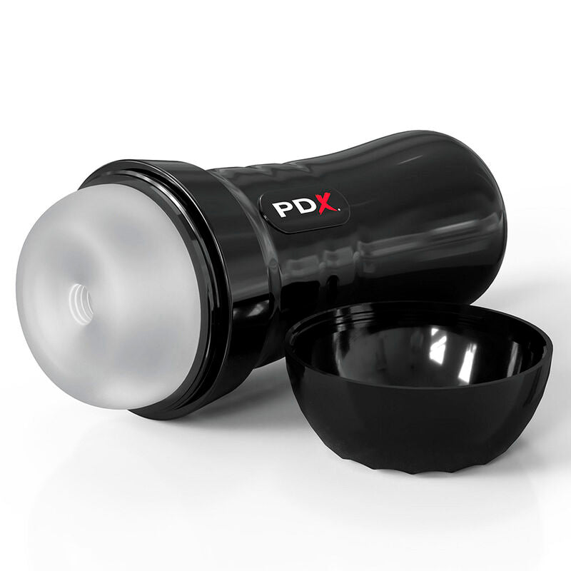 PDX EXTREME Slide & Glide self-lubricating masturbator in black with removable cap, enhances pleasure with water activation.