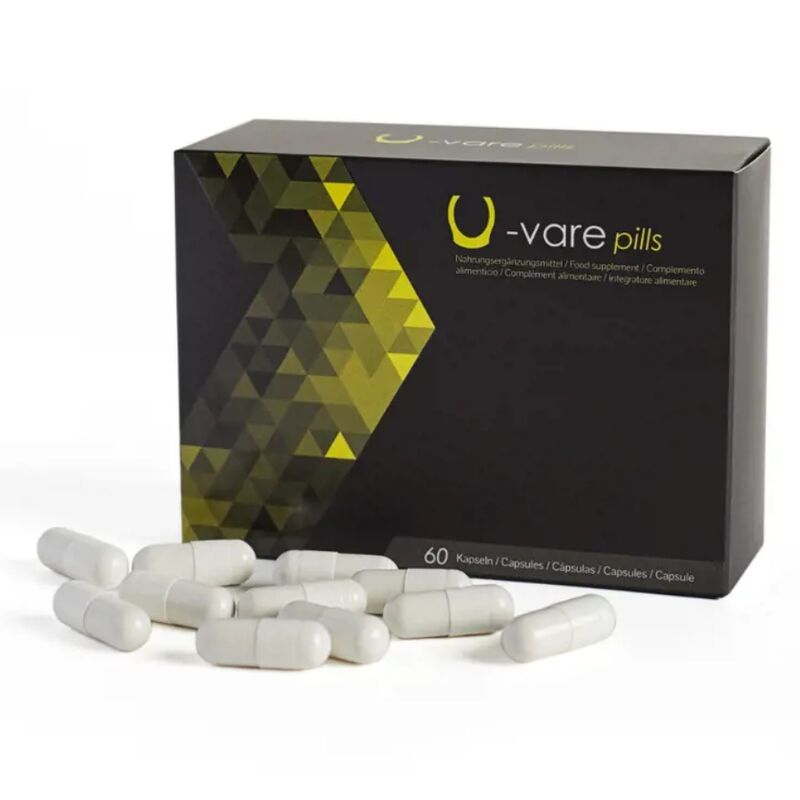 U-Vare Pills varicose veins treatment capsules box with scattered capsules, 60 count, dietary supplement for improved circulation.