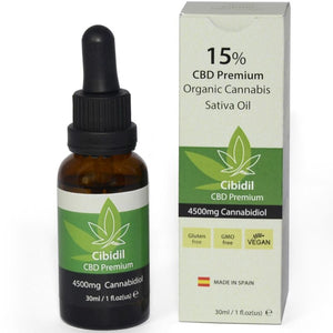 Cibidil Relaxing CBD Oil 15% - 30ml with box, 4500mg cannabidiol, organic cannabis sativa, non-GMO, gluten-free, vegan, made in Spain.