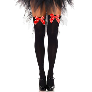 LEG AVENUE - CUISSES HAUTES EN NYLON NOIR AVEC NŒUD ROUGE TAILLE UNIQUE HOSIERY LEG AVENUE