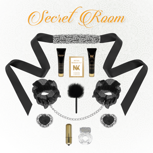 Secret Room intimacy and sensuality kit featuring lace blindfold, lotions, cuffs, and playful accessories.