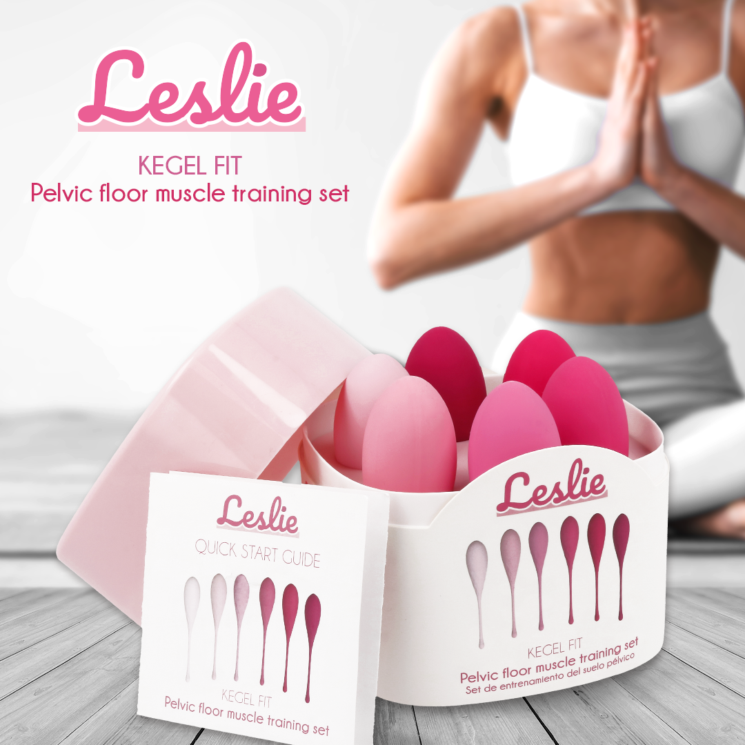 Kegel Fit pelvic floor muscle training set by Leslie, showcasing training tools and quick start guide.