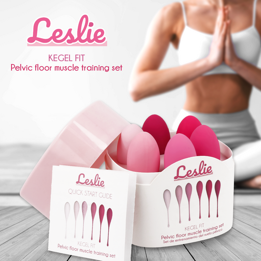Kegel Fit pelvic floor muscle training set by Leslie, showcasing training tools and quick start guide.