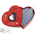 Heart-shaped Italian romantic game box with rolled paper challenges and tweezers for couples.