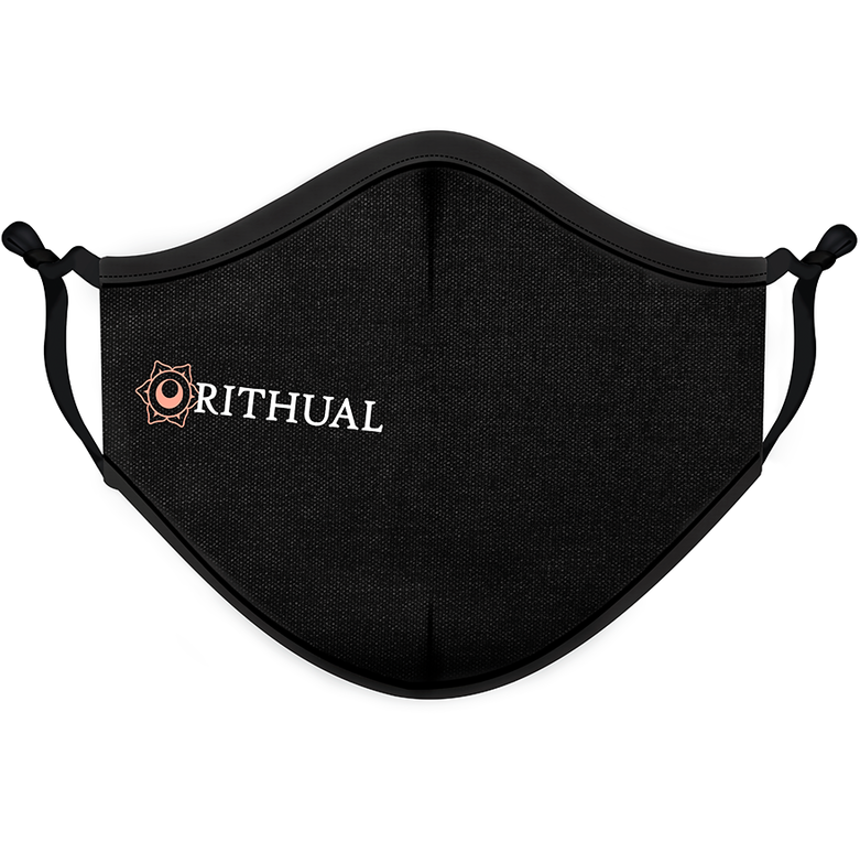 Black reusable mask with logo, featuring adjustable ear loops for a comfortable, secure fit.