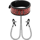 Red BDSM collar with metal chains and clitoral clamps for sensory play.