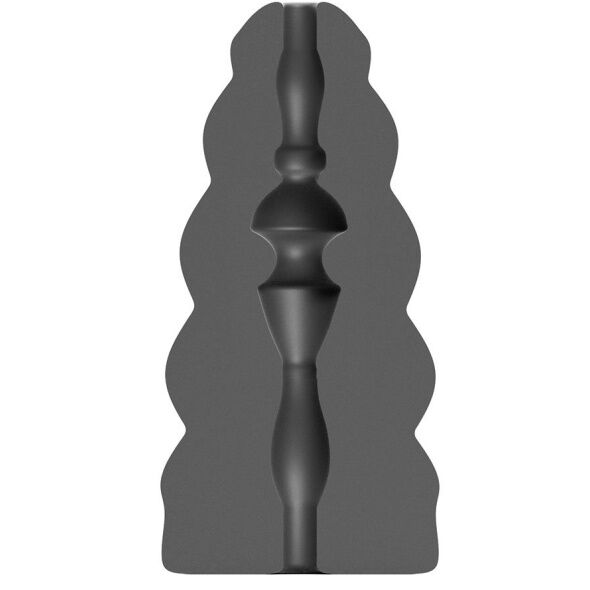 Sculptural black object with abstract, symmetrical design in a wave-like silhouette.