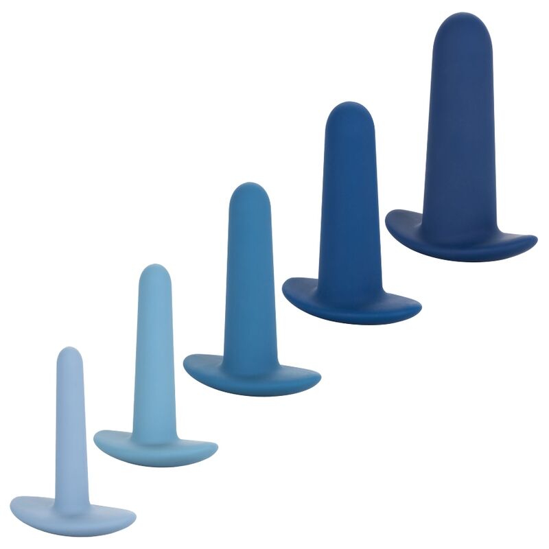 Set of five blue vaginal-anal dilators in varying sizes for gradual therapy and pelvic health.
