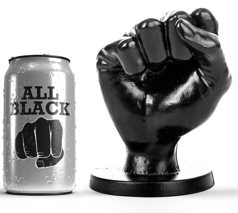 Black fist sculpture next to a silver can labeled 'All Black' with a black fist logo, representing unity and strength.