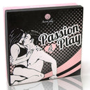 "Passion Play board game box featuring intimate couple illustration and branding"