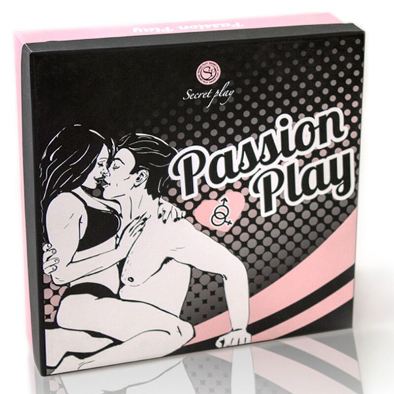 "Passion Play board game box featuring intimate couple illustration and branding"