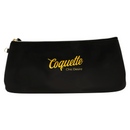 Elegant black clutch bag with gold "Coquette Chic Desire" logo, ideal for stylish evening events and fashionable occasions.