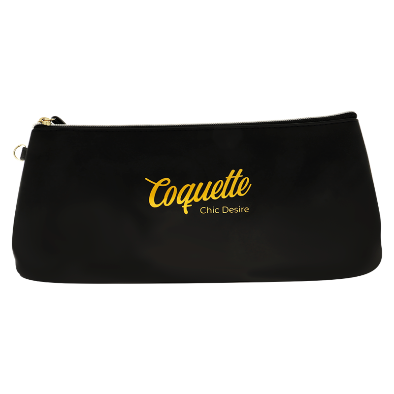 Elegant black clutch bag with gold "Coquette Chic Desire" logo, ideal for stylish evening events and fashionable occasions.