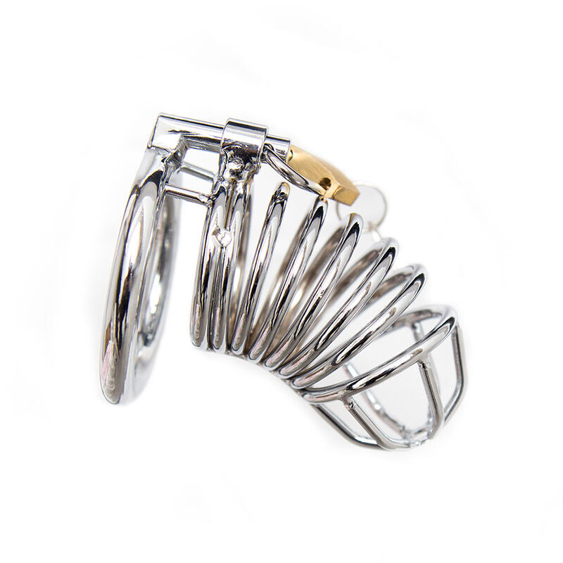 Shiny metal BDSM penis cage with secure locking mechanism for ultimate control and restraint.