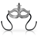 Silver Venetian mask with black ribbons, featuring a classic design and textured finish, perfect for masquerade events and costume parties.