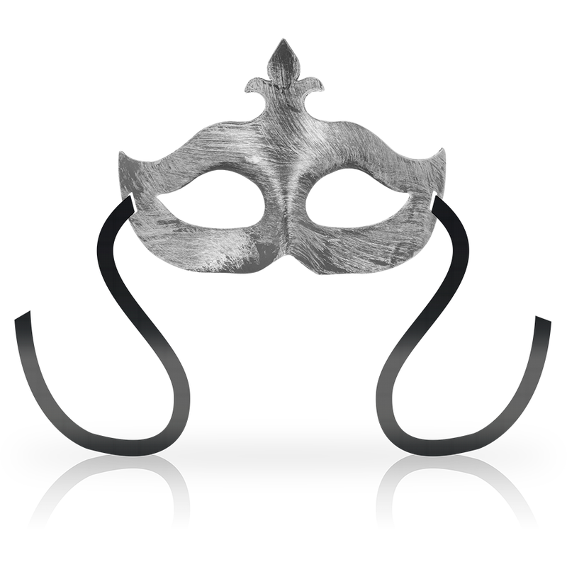 Silver Venetian mask with black ribbons, featuring a classic design and textured finish, perfect for masquerade events and costume parties.