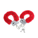 Red fluffy handcuffs with keys, part of a playful accessories collection.