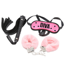 Bondage set featuring pink fluffy handcuffs, a black leather whip, and a diva blindfold, perfect for adding fun to intimate play.